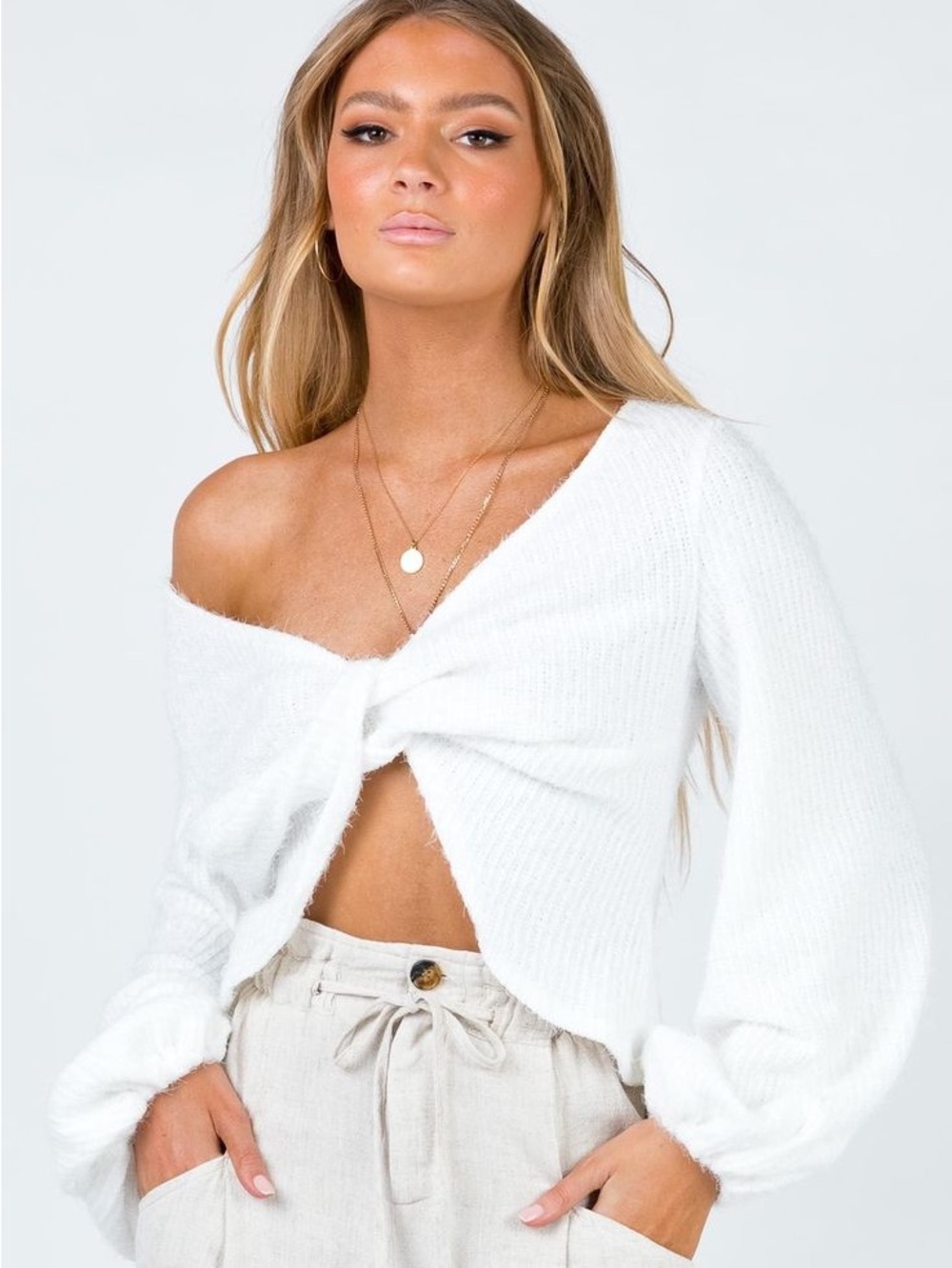 Princess Polly White Off-Shoulder Twist Knit Sweater